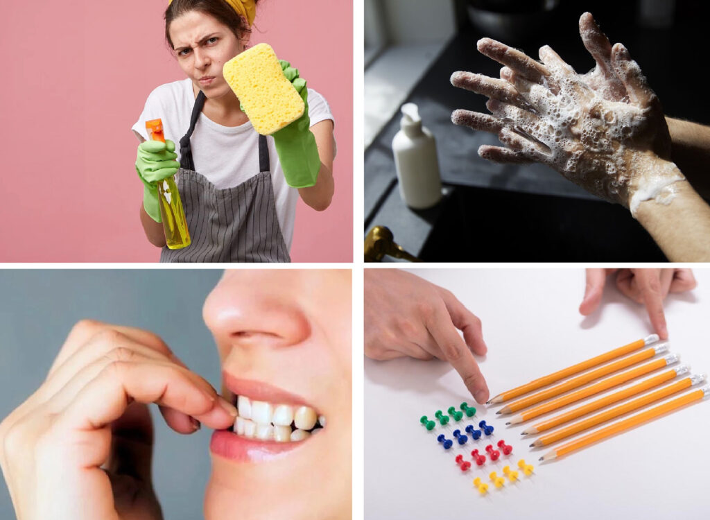 Plusieurs images regroupant plusieurs tocs du quotidien (ex: se laver les mains souvent, se ronger les ongles, objets parfaitement alignés...)